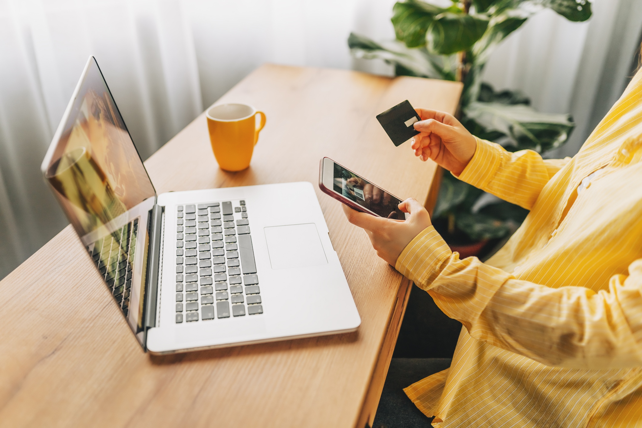 Shot of a young woman shopping online with credit card and laptop while sitting at home.