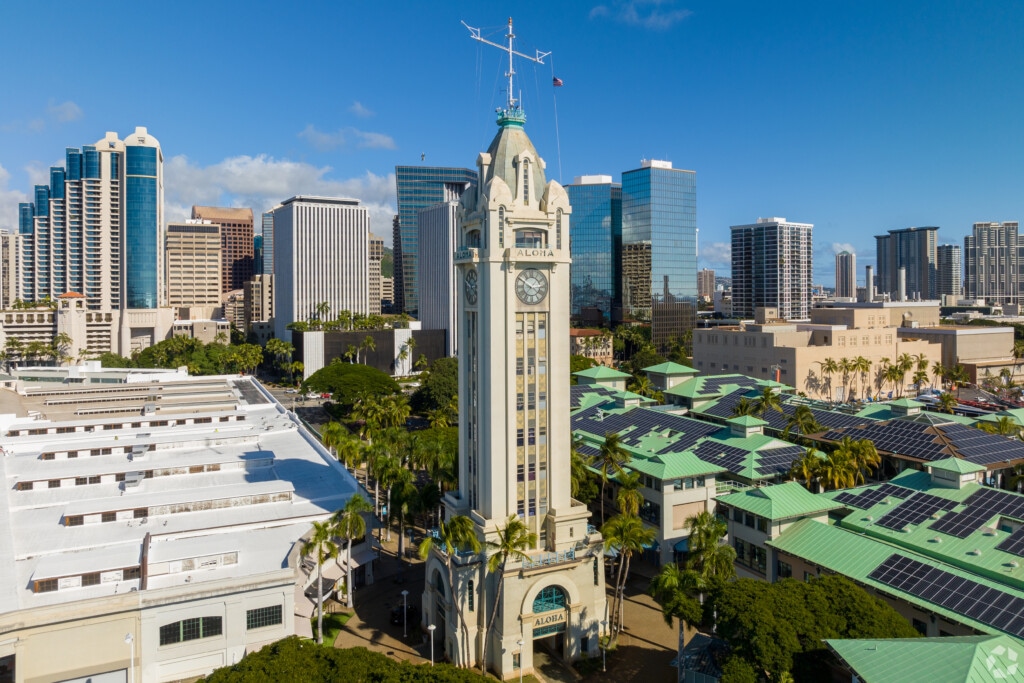 View of the Aloha Tower in Honolulu, Hawaii.