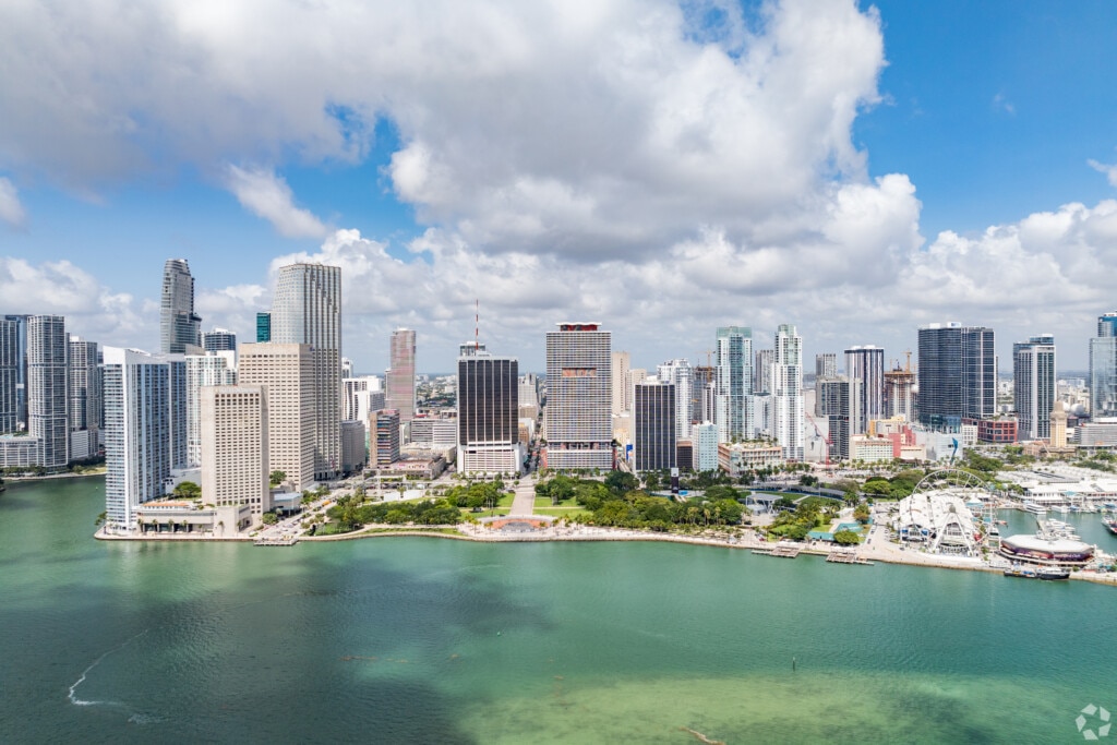 An aerial view of downtown Miami, Florida, from the water.