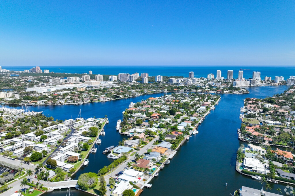 An aerial view of the Sunrise Key neighborhood in Ft. Lauderdale, Florida.